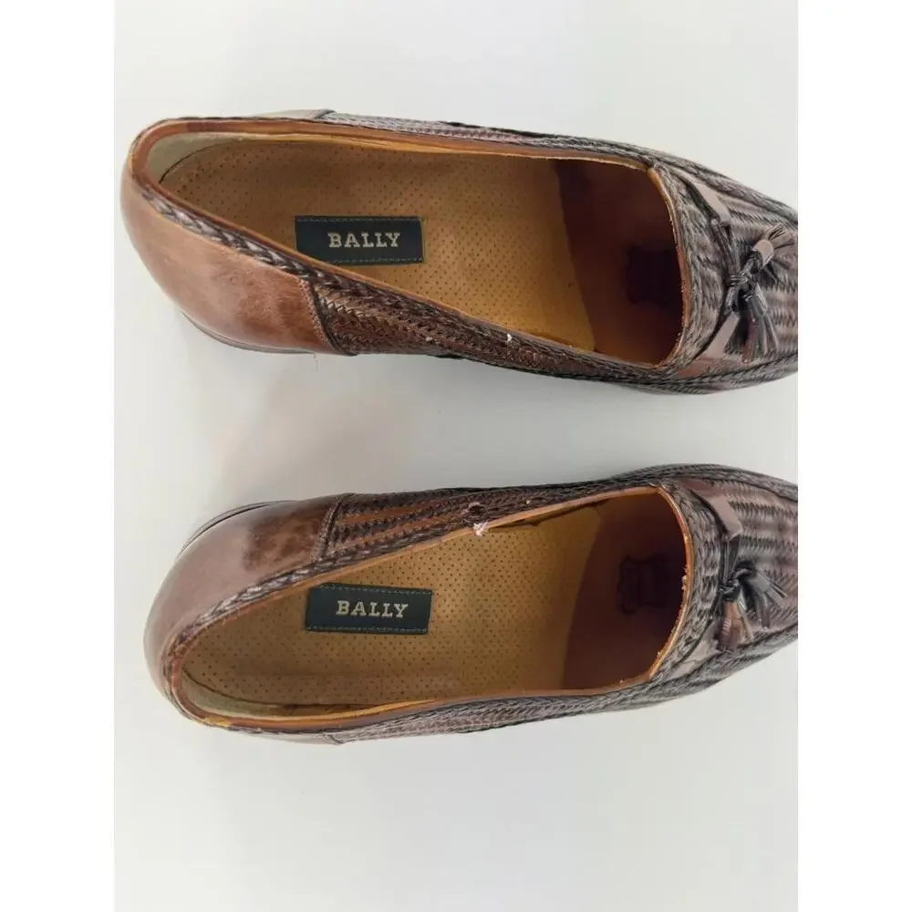 Vintage Bally Woven Leather Lisbon Italy Dress Shoes Men US 12 M Brown Loafers